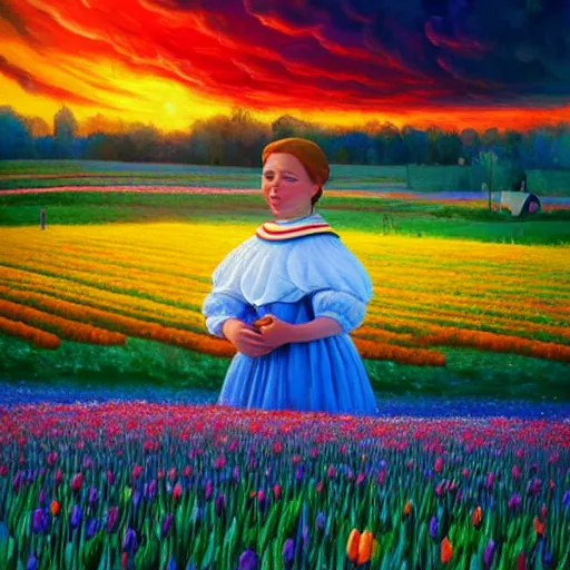 Image similar to giant tulip head dutch girl, surreal photography, flower field, sunset dramatic light, impressionist painting, colorful clouds, blue sky, digital painting, artstation, simon stalenhag