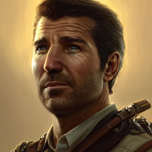 Image similar to Joe Biden face in the role of Nathan Drake, western, D&D, fantasy, intricate, elegant, highly detailed, digital painting, artstation, concept art, matte, sharp focus, illustration, art by Artgerm and Greg Rutkowski and Alphonse Mucha