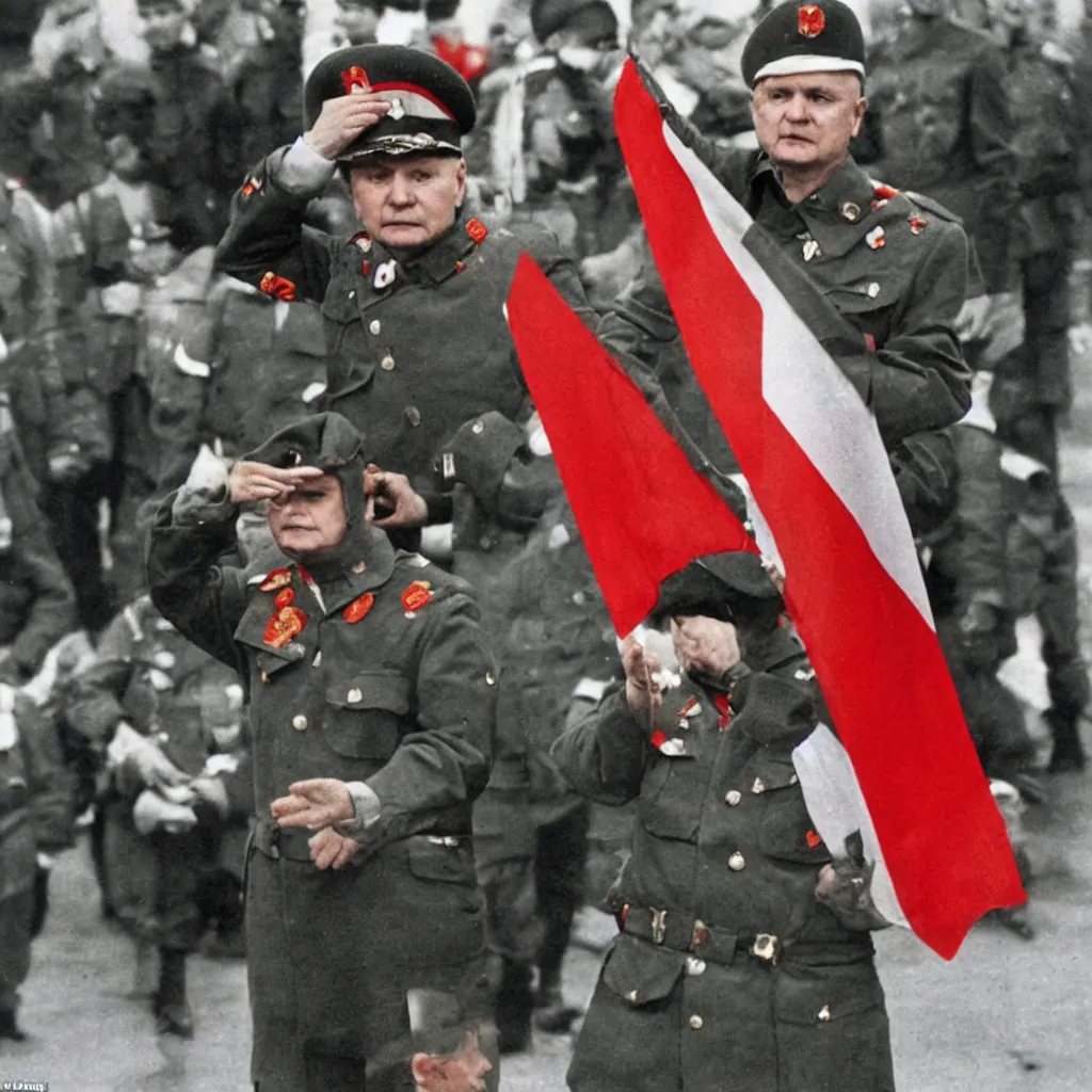 Image similar to Jaroslaw Kaczynski wearing a german uniform with a Polish flag on his left and a communist flag on his right