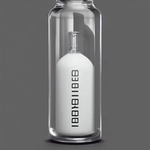 Prompt: concept art of white dietary supplement designed by porsche and richard mille in a transparent bottle with big black sticker on it, by aenaluck, artgerm and roberto ferri and greg rutkowski, light blue and white tones, digital painting, artstation, concept art, smooth, sharp foccus ilustration hq