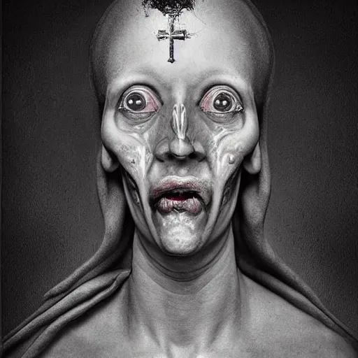 Image similar to the blasphemous caricature of the human face, hyperealistic detailed photography, divinity, awful, religious art
