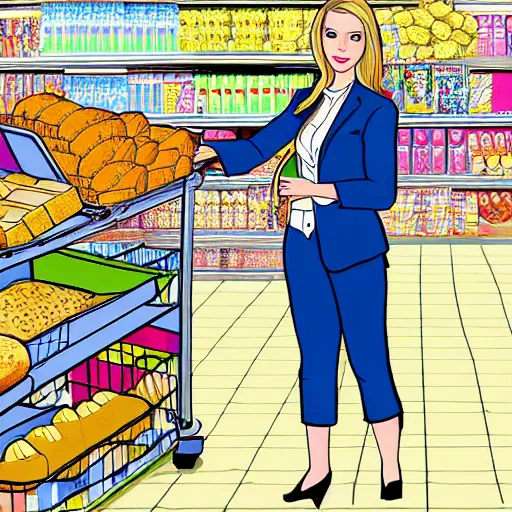 Prompt: beautiful blonde woman wearing a business suit, long hair, in a grocery store, putting loaves of bread into a shopping cart, traditional artwork, in the style of a terrible childrens crayon drawing, 4 k, intricate details, realistic, lifelike
