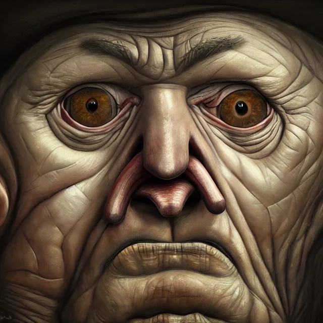Image similar to behind bars of jail gediminas pranckevicius | close up portrait of a the trump in the sinister valley of despair, one mouth, one nose, two eyes, oil painting by tomasz jedruszek, cinematic lighting, pen and ink, intricate line, hd, 4 k, million of likes, trending on artstation