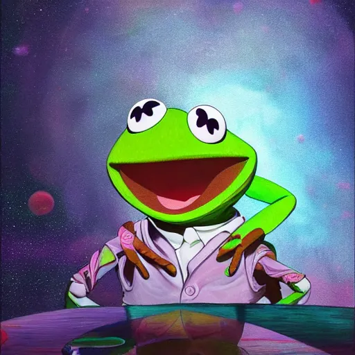 Image similar to kermit the frog by takashi murakami,, beeple and james jean, aya takano color style, 4 k, super detailed, night sky, digital art, digital painting, celestial, majestic, colorful