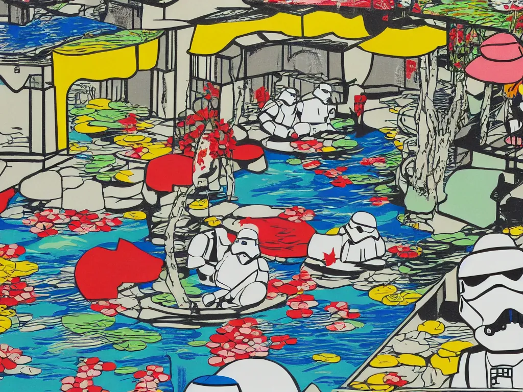 Image similar to close - up image of a japanese house with a pond, stormtroopers sitting around it, in style of pop - art, andy warhol, roy lichtenstein, jackie tsai, bright palette, acrylic on canvas