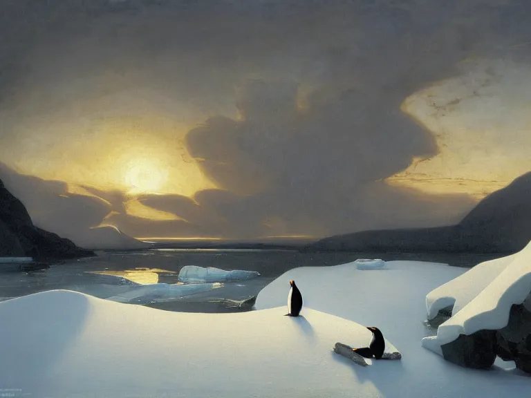 Image similar to an oil painting of a penguin next to a frozen ocean and a misty glacier at dawn. by tuomas korpi moebius and carl spitzweg. baroque elements. intricate artwork by caravaggio. oil painting. oil on canvas. award winning. dramatic. trending on artstation. 8 k