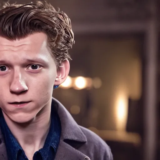 Image similar to tom holland as a rough dirty old man with a scruffy beard in a dark blue trenchcoat as the new doctor who, cinematic, volumetric lighting, f 8 aperture, cinematic eastman 5 3 8 4 film, photorealistic