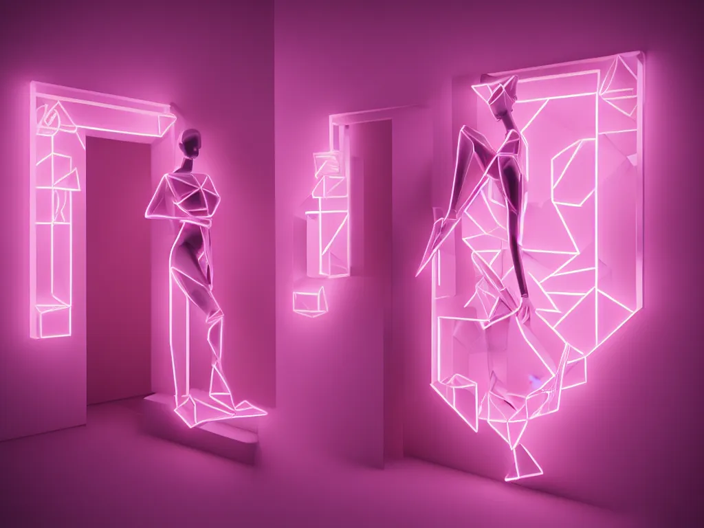 Prompt: beautiful mannequin sculpted out of amethyst by billelis + lit with geometric neon + iridescent geometric cubed bonsai plants!!!!, doorway opening with neon pink geometric light, clean linework, dramatic, finely detailed, rule of thirds, moody, award winning, 4 k, trending on artstation, photorealistic, volumetric lighting, octane render