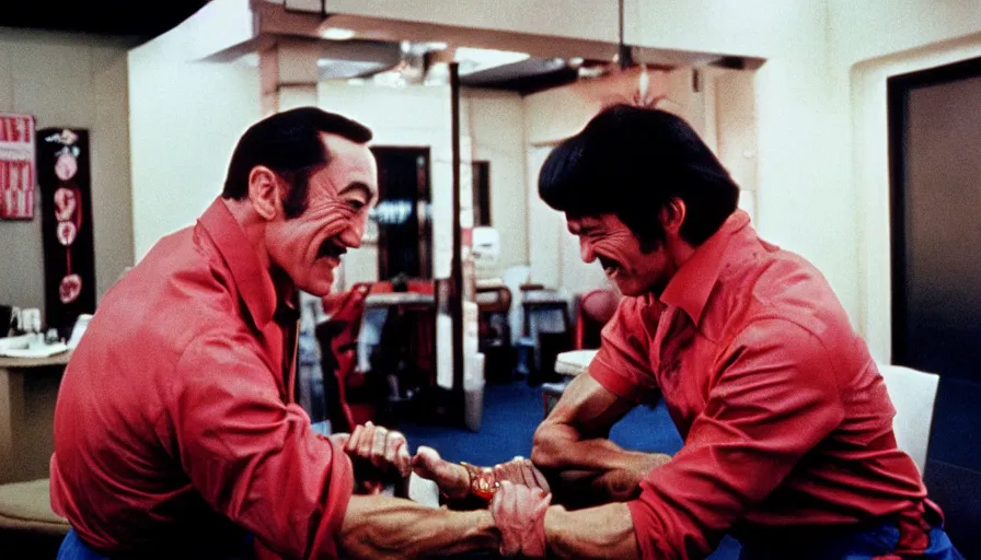 Image similar to 7 0 s movie still of peewee herman arm wrestling hulk hogan, cinestill 8 0 0 t _ 3 5 mm eastmancolor, heavy grain, high quality, high detail