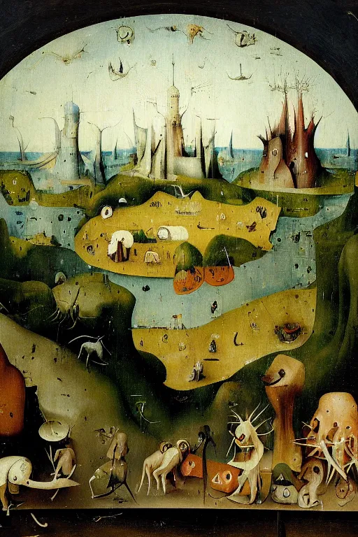 Image similar to a beautiful landscape with weird creatures by hieronymus bosch