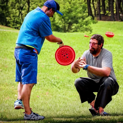 Image similar to a man playing discgolf putting frisbees in pdga innova basket in the style of a baroque painting