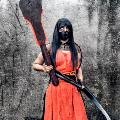 Prompt: photo of a female executioner warrior with a giant axe