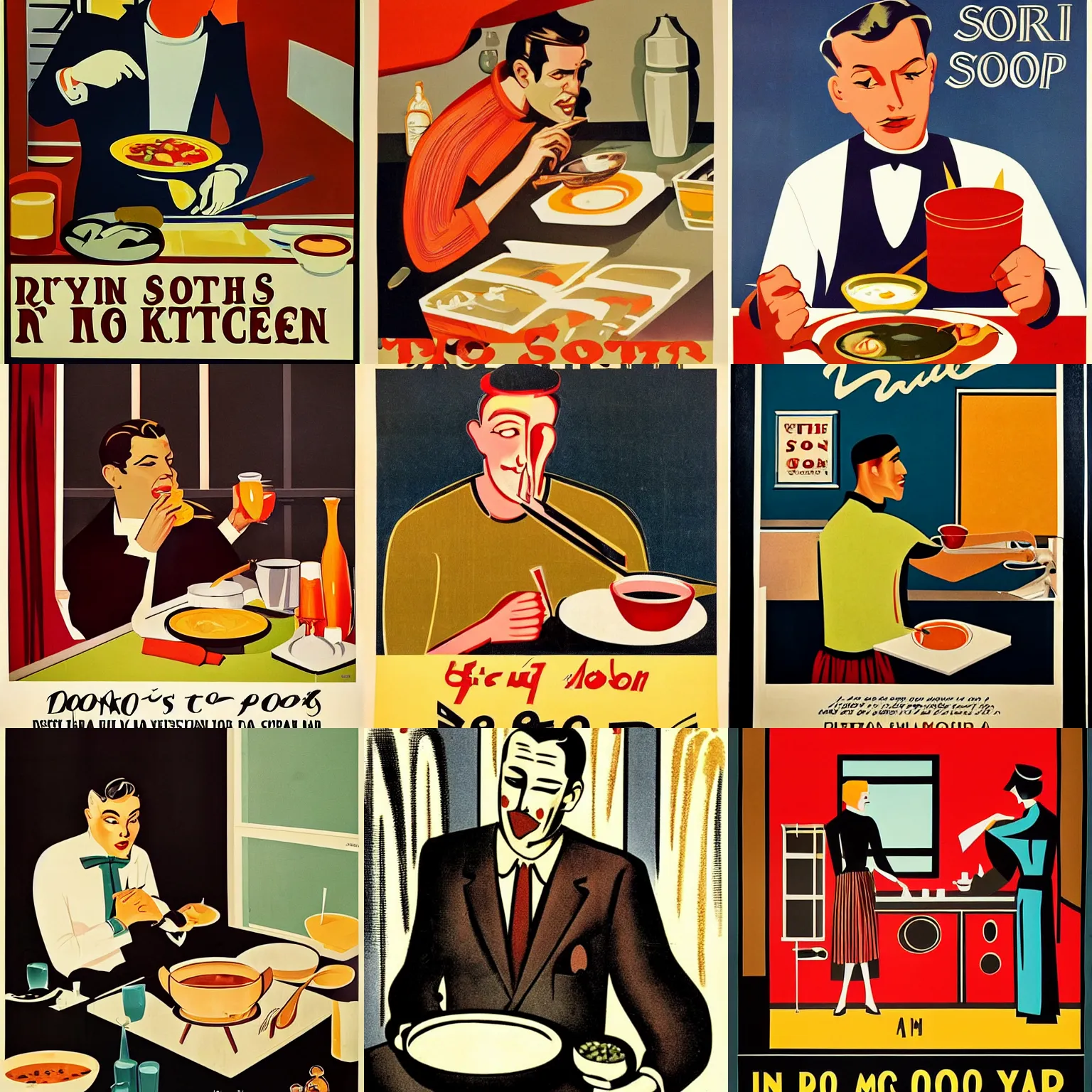 Prompt: dramatic art deco poster of a man eating soup in his kitchen in the year 1950