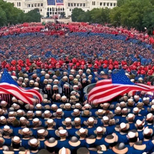 Prompt: GoPro selfie footage of an army of patriotic Minions storming the Capitol, style of Pixar