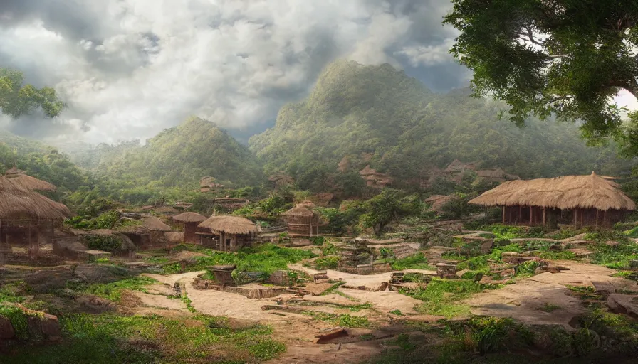 Image similar to matte painting of a beautiful dvaravati village, digital art, trending on artstation