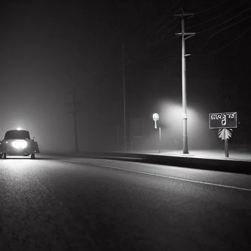 Image similar to A stunningly beautiful award-winning 8K high angle close up cinematic movie photograph of a 4-way stop light in a spooky foggy empty lightless moonlit main intersection in an abandoned 1950s small town at night, by David Fincher and Darius Khonji, perfect composition, from roofline, moody low key backlit. Color palette from Seven, greens yellows and reds. 2 point perspective, high angle from 15 feet off the ground. Octane render