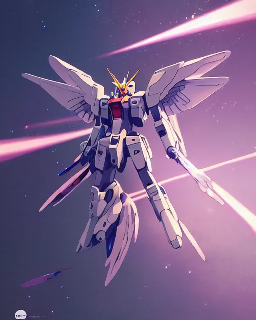 Image similar to highly detailed vfx portrait of an angelic gundam with wings of feathers beam saber fighting in space with a beam gun, unreal engine, greg rutkowski, loish, rhads, beeple, makoto shinkai and lois van baarle, ilya kuvshinov, rossdraws, tom bagshaw, alphonse mucha, global illumination, detailed and intricate environment