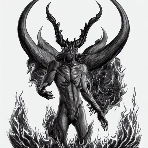 Image similar to three quarter full body shot of demon with hoofs and horns in heroic pose, engulfed in flames, detailed greyscale drawing by dominik mayer