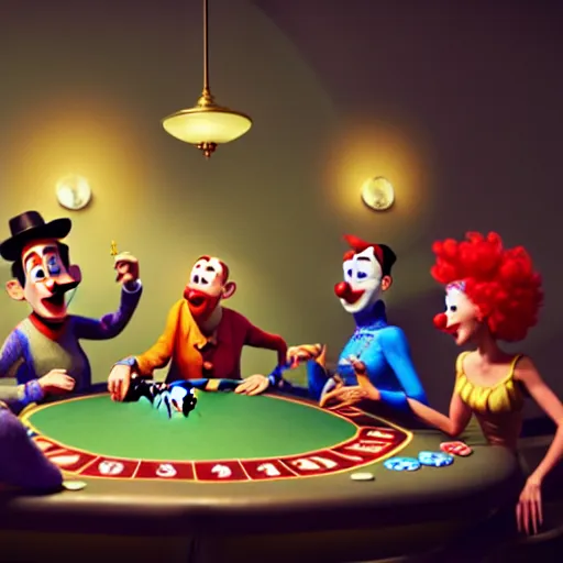 Image similar to pixar clowns playing poker, smiling maniacally | glamorous oily soft polished rich ornate modern | weta disney pixar movie still photo | hi - fructose, sci fi fantasy, smooth, octane render, sharp focus, artstation, concept art | artgerm, mucha, rutkowski, feng zhu, wlop, loish