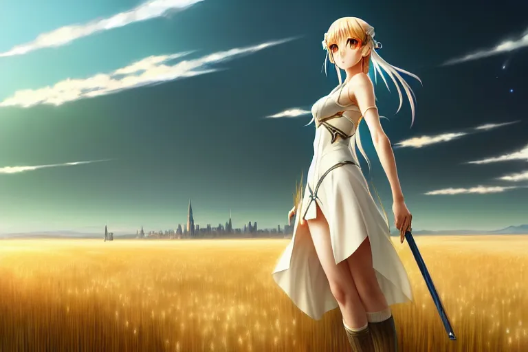 Image similar to wlop's legendary and beautiful anime - style digital painting of saber lily standing in a field of wheat, facing the far - off city to the west, intricate details, ultra realistic, beautiful art, volumetric lighting, by wlop, by art germ, by brom, trending cgsociety, artstation