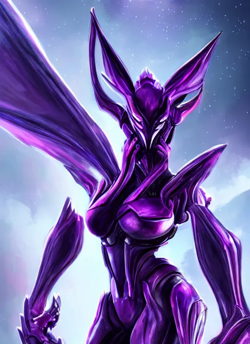 Image similar to cinematic full body, cosmic sized beautiful stunning giant robot mechan hot female dragon goddess, sharp sleek cyborg dragon head, sharp metal ears, smooth purple eyes, smooth fuschia skin, smooth silver armor, nebula, epic proportions, epic scale, macro furry, furry art, dragon art, goddess art, giantess art, warframe, warframe fanart, furaffinity, octane