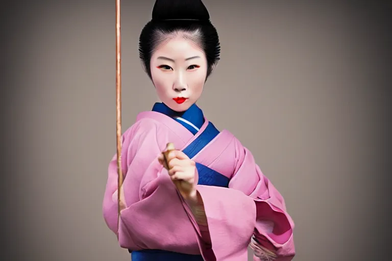 Image similar to beautiful photo of a geisha samurai warrior, mid action swing, muted pastels, action photography, 1 / 1 2 5 shutter speed, back lit lighting