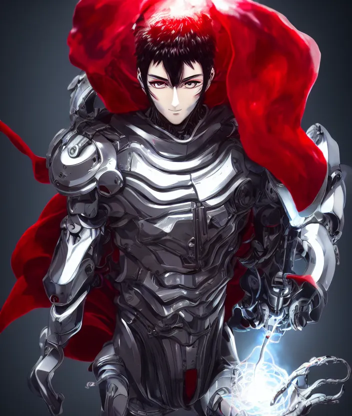 Prompt: a detailed manga character illustration of a dark haired silver cyborg anime man with a red cape, trending on artstation, digital art, 4 k resolution, detailed, octane render, high quality, sharp focus, hq artwork, insane detail, concept art, character concept, character illustration, full body illustration, cinematic, dramatic lighting