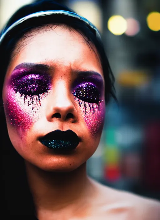 Image similar to Cinestill 50d candid photography of a city on fire, a techwear mixed woman wearing thick mascara and dark glitter makeup crying outside of a city on fire, tattoos, tilted frame, 4k, 8k, hd, full color