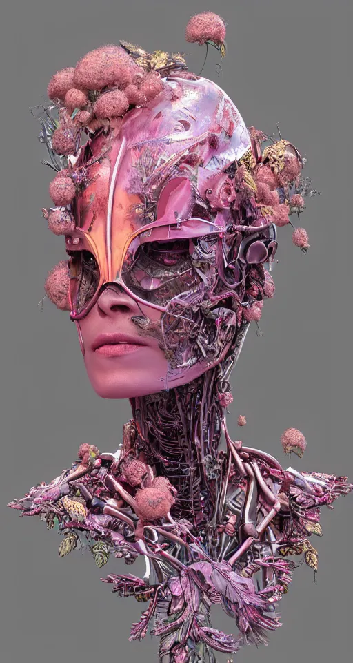 Prompt: cinema 4d colorful render, organic, ultra detailed, of a painted realistic face with glass helmet, scratched. biomechanical cyborg, analog, macro lens, beautiful natural soft rim light, smoke, veins, neon, winged insects and stems, roots, fine foliage lace, pink and pink details, Alexander Mcqueen high fashion haute couture, art nouveau fashion embroidered, intricate details, mesh wire, computer components, motherboard, floppy disk eyes,mandelbrot fractal, anatomical, facial muscles, cable wires, elegant, hyper realistic, in front of dark flower and feather pattern wallpaper, ultra detailed, 8k post-production