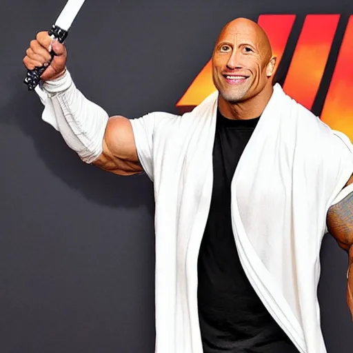 Image similar to Dwayne Johnson in Jedi Robes holding a lightsaber