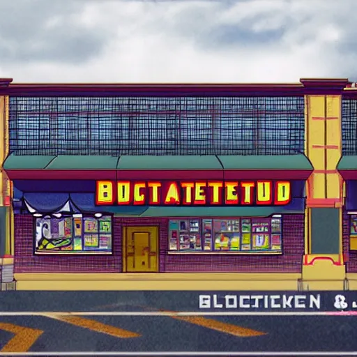 Image similar to blockbuster building in the style of a 90s cartoon