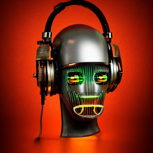 Image similar to a glossy claymodel of a steampunk robot head with glowing futuristic steampunk headphones, 8 k, symetrical, flourescent colors, halluzinogenic, multicolored, insanely detailed, black background, 3 d render,