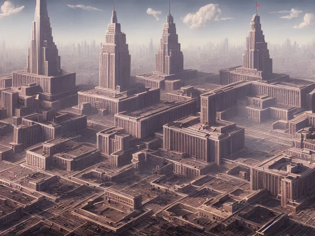 Prompt: matte painting by fan wennan. communist american future capitol shining in the sun after the triumph of socialism in america, hyperdetailed, cinematic, photorealistic, hyperrealism, masterpiece, grounded rectangular communist governmental architecture, statue, imposing, strength, abundance. american communist party. america 2 0 9 8