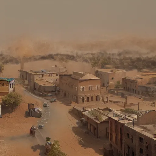 Image similar to sandstorm in a little town, realistic, 8 k, extremely detailed, cgi, trending on artstation, hyper - realistic render, by greg rutkowski