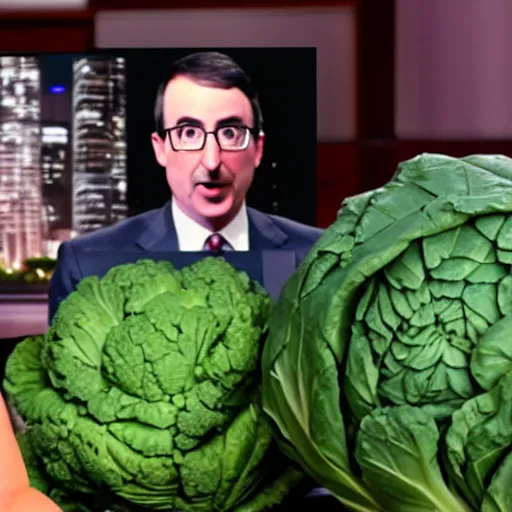 Prompt: john oliver trying to understand ai image generation while marrying a cabbage