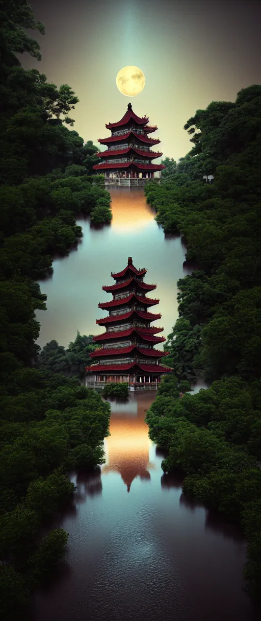 Image similar to kodak portra 4 0 0 photographic and realistic, ancien chinese tower, temple, night, moonlight, detailed, octane render, unreal engine, 4 k, artstation, hyper realistic, wide angle, floor flooded, how a river, objects that float, 3 5 mm, sharp focus, soft light, volumetric light, in the style of gregory crewdson