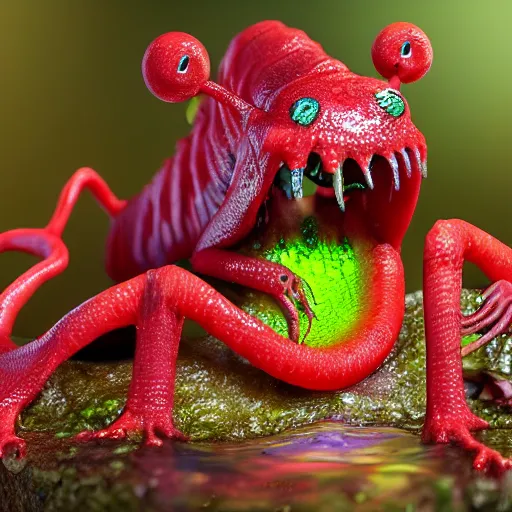 Prompt: slimy monster, long slimy tongue, dripping saliva, macro photo, fangs, red glowing skin, skin with scales, cinematic, tiny glowbugs everywhere, wasps attacking, swamp water, insanely detailed, dramatic lighting