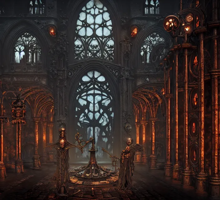 Image similar to steam necropolis, memento mori, gothic, neo - gothic, art nouveau, hyperdetailed copper patina medieval icon, stefan morrell, philippe druillet, ralph mcquarrie, concept art, steampunk, unreal engine, detailed intricate environment, octane render, moody atmospherics, volumetric lighting, ultrasharp, ominous, otherworldly