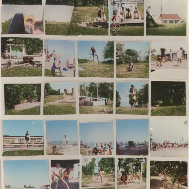 Prompt: collage of polaroid photographs of ( ( ( ( ( ( ( ( balatonfured, a resort town in veszprem county, in hungary ) ) ) ) ) ) ) ), summer, july of 1 9 8 0