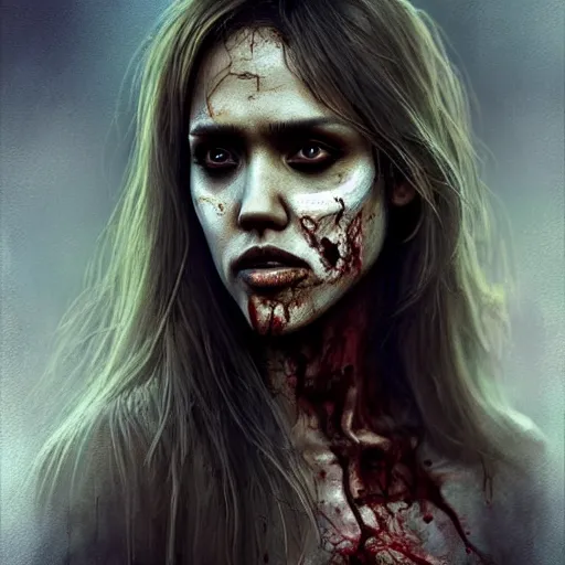 Prompt: color head portrait of jessica alba as a zombie, 7 days to die zombie, gritty background, fine art, award winning, intricate, elegant, sharp focus, cinematic lighting, digital painting, 8 k concept art, art by michael hussar, art by brom, art by guweiz and z. w. gu, 8 k