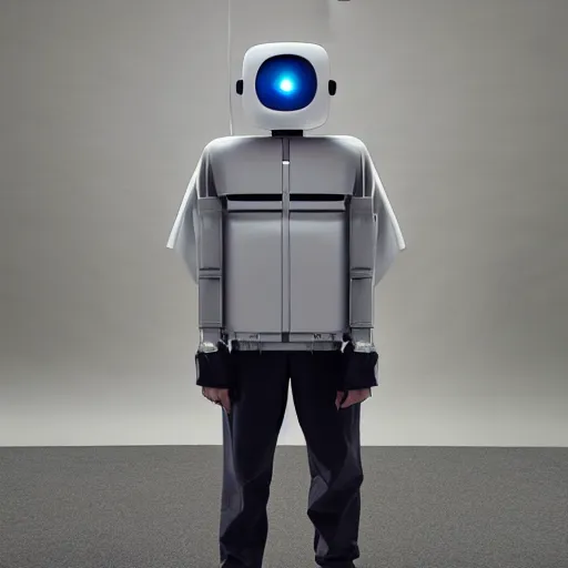 Image similar to a humanoid with a square robot head, a single eye emitting light, lether jacket