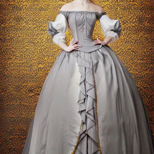 Prompt: Young lady full length shot wearing renaissance pale grey and white dress in the style of manga baroque realism 8K, background renaissance paintings with gold