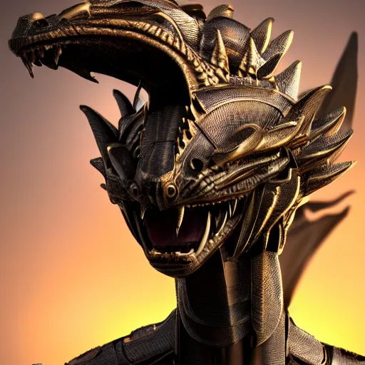 Image similar to a highly detailed close-up bust, of a beautiful majestic anthropomorphic robot female dragon, with smooth and streamlined mechanical armor, standing and posing elegantly in front of the camera, well detailed head with soft LED eyes, sharp teeth, two arms, artstation, DeviantArt, professional, octane render, sunset lighting