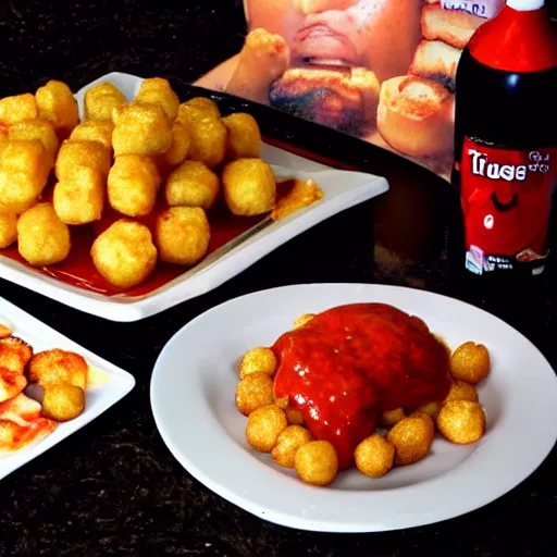 Image similar to food photo of channing tatum's face on top of giant tater tot on a plate with ketchup