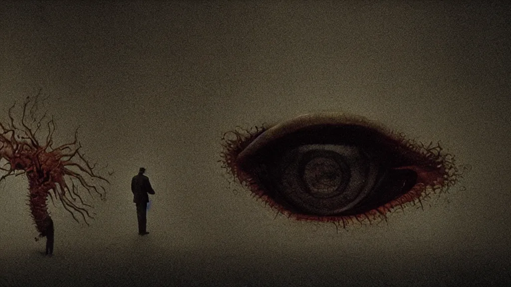 Image similar to the strange creature from my eye, we ait in line at the bank, film still from the movie directed by denis villeneuve and david cronenberg with art direction by salvador dali and zdzisław beksinski, wide lens