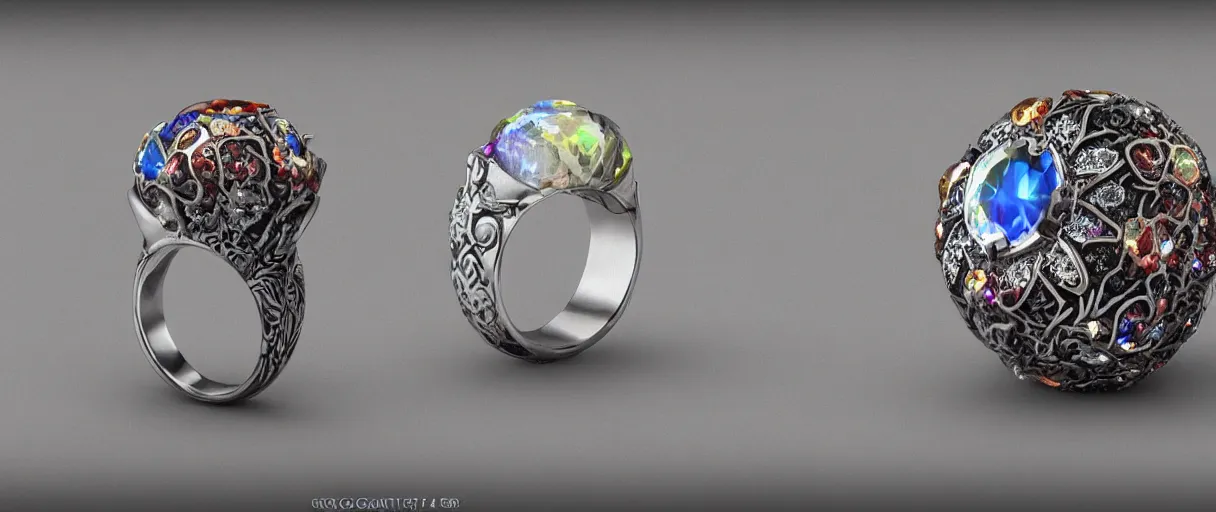 Image similar to magic crystal ring, fire, stone, crystal, engravings, diamonds, highly detailed, colorful, art by gerald brom, greg rutkowski, photo realism, unreal engine, c 4 d