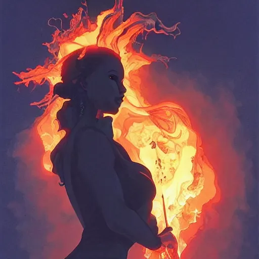 Image similar to a gargoyle in silhouette wearing a flowing gown made of fire, engulfed in a whirling fire tornado firestorm, emitting smoke and sparks, fantasy, cinematic, fine details by realistic shaded lighting poster by ilya kuvshinov katsuhiro otomo, magali villeneuve, artgerm, jeremy lipkin and michael garmash and rob rey