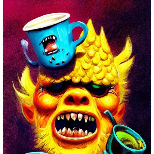 Image similar to a breakfast monsters ,coffee, colorful, digital art, fantasy, magic, trending on artstation, ultra detailed, professional illustration by Basil Gogos