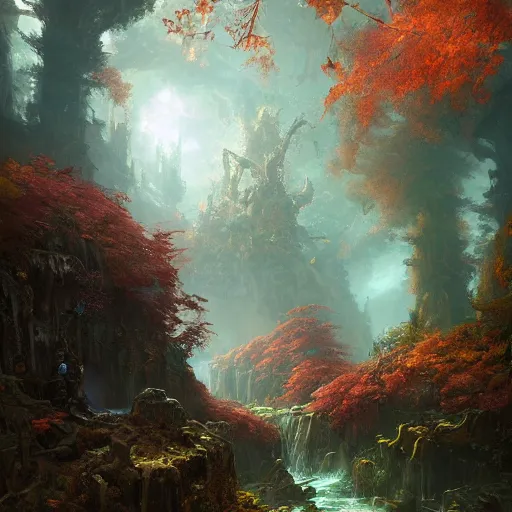 Prompt: overgrown sunken giant copper statue in the autumn forest, fantasy concept art by tyler edlin, antoine blanchard, thomas cole