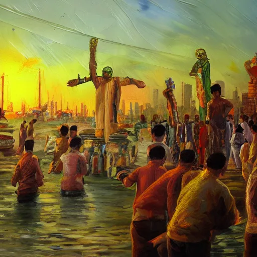 Prompt: an oil painting of a oil being worshipped my millions in Dhaka city, concept art